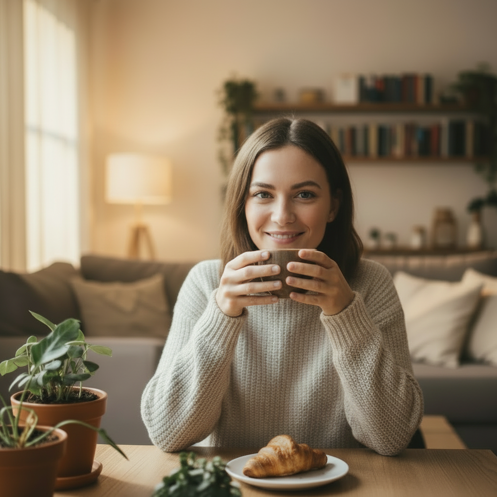 Person enjoying coffee at home